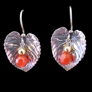 Noy Li Israel Artisan 14K Gold, Sterling Silver and Carnelian Leaf Earri…
